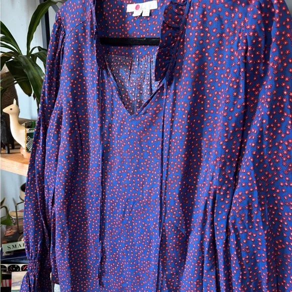 Boden Melissa Ruffle Neck Blouse, Riviera Blue | Size 10 - Picture 2 of 5